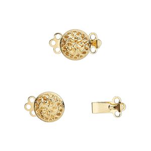 Clasp tab 1pkg100 gold-plated, 9mm filigree round, brass 3-strand