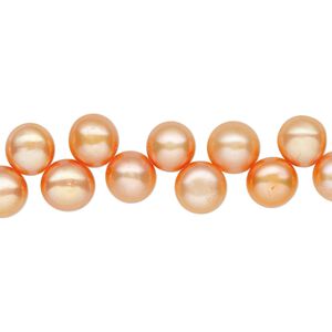 Pearl, cultured freshwater (dyed), day lily, 6-7mm top-drilled flat-sided round with 0.4-0.5mm hole, B- grade, Mohs hardness 2-1/2 to 4. Sold per 14-inch strand.