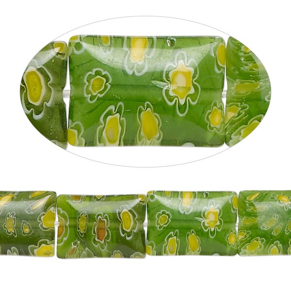 Bead, millefiori glass, translucent green and multicolored, 14x10mm puffed rectangle. Sold per 15-inch strand, approximately 25 beads. image number 0