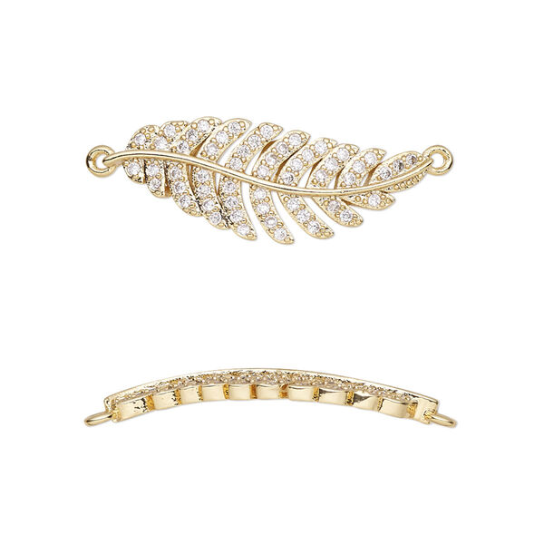 Link, cubic zirconia and gold-finished brass, clear, 26.5x10mm single-sided curved feather. Sold individually. image number 0