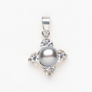 Brass / cultured freshwater pearl / glass rhinestone 1pkg1, flower pendant dyed, silver-finished / grey / clear 19mm