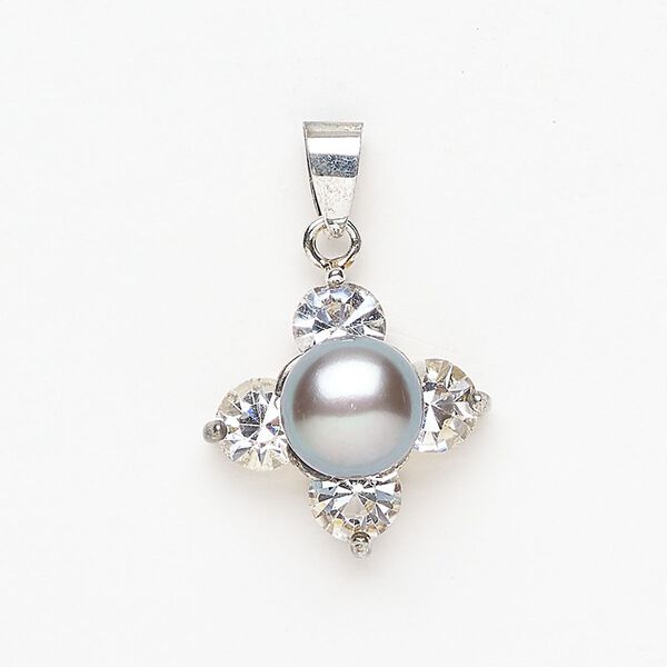 Brass / cultured freshwater pearl / glass rhinestone 1pkg1, flower pendant dyed, silver-finished / grey / clear 19mm image number 0