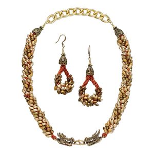 Necklace and earring set, One of a Kind Jewelry, glass and imitation silk, orange and metallic gold, 18-inch necklace. Only one available.