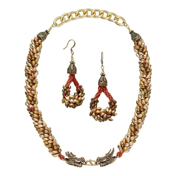 Necklace and earring set, One of a Kind Jewelry, glass and imitation silk, orange and metallic gold, 18-inch necklace. Only one available. image number 0