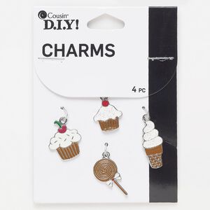 Charm, silver-finished "pewter" (zinc-based alloy) / enamel / glitter, multicolored, assorted sweets. Sold per pkg of 4.