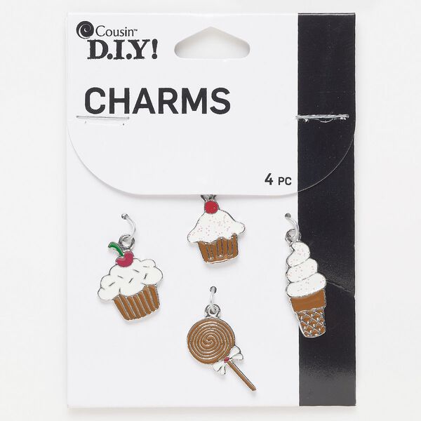 Charm, silver-finished "pewter" (zinc-based alloy) / enamel / glitter, multicolored, assorted sweets. Sold per pkg of 4. image number 0
