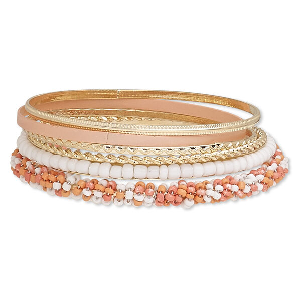 Bracelet, bangle, enamel / glass / gold-finished steel, pink / peach / white, 2-7mm wide, 8 inches. Sold per 6-piece set. image number 0