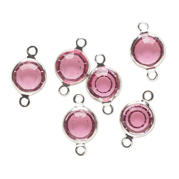 Link, Vintage Crystal™, crystal and imitation rhodium-finished brass, rose, 9mm round. Sold per pkg of 6. image number 0
