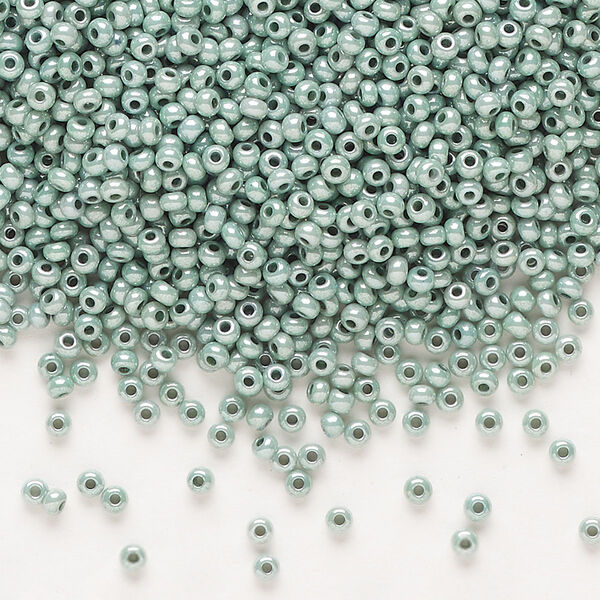 Seed bead, Preciosa Ornela Czech glass, pkg/50g, #11 rocaille, opaque green luster chalkwhite, (46055). image number 0