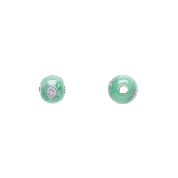 Bead, Czech lampworked glass, opaque green and pink, 6-7mm round with flower design. Sold per pkg of 10. image number 0