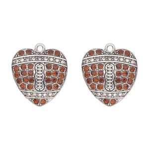 Charm, antique silver-finished "pewter" (zinc-based alloy) and glass, clear and brown, 23x22mm single-sided heart with "football pattern". Sold per pkg of 2.