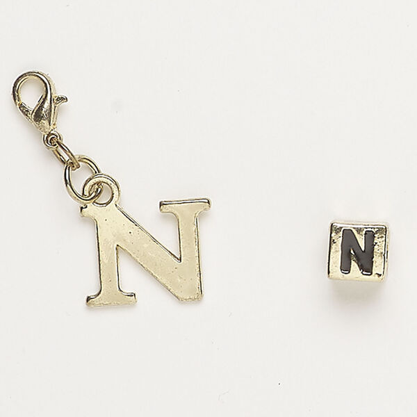 Bead and charm 1pkg2, antique gold-finished "pewter" (zinc alloy) / steel / enamel, black, 7mm cube with alphabet letter "N" and 15x12mm alphabet letter "N" with lobster claw clasp. image number 0