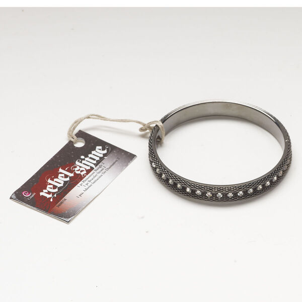 Bracelet, bangle 1pkg1, glass and gunmetal-finished steel, clear, 11mm weaved rim, 8 inch. image number 0