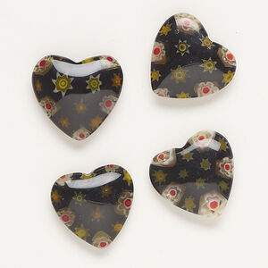 Bead, millefiori glass, opaque black and multicolored, 18-20mm half-drilled puffed heart. Sold per pkg of 4.