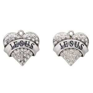 Drop, antique silver-finished "pewter" (zinc-based alloy) and glass, clear, 24x22mm heart with "Jesus". Sold per pkg of 2.