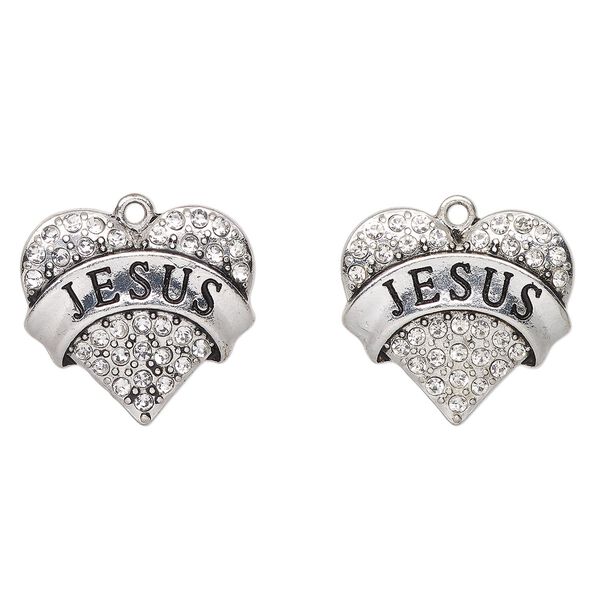 Drop, antique silver-finished "pewter" (zinc-based alloy) and glass, clear, 24x22mm heart with "Jesus". Sold per pkg of 2. image number 0