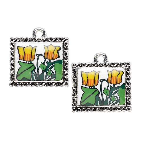 Drop, glazed polymer clay and silver-finished "pewter" (zinc-based alloy), multicolored, 20x17mm single-sided rectangle with tulip design and swirl edge. Sold per pkg of 2. image number 0