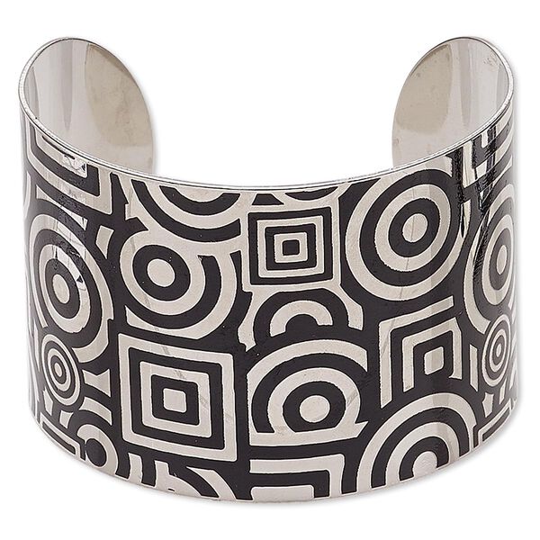 Bracelet, cuff, imitation rhodium-finished carbon steel, black, 46mm wide with geometric design, adjustable from 7 to 7-1/2 inches. Sold individually. image number 0