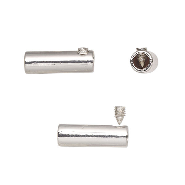 Cord end, glue-in, imitation rhodium-plated plated "pewter" (zinc-based alloy) and steel, 16.5x5.5mm round tube. Sold per pkg of 10. image number 0
