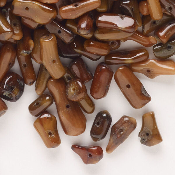 Bead, bamboo coral (dyed), brown, 8x2mm-19x3mm top-drilled and center-drilled stick, Mohs hardness 3-1/2 to 4. Sold per 2-ounce pkg, approximately 245 beads. image number 0