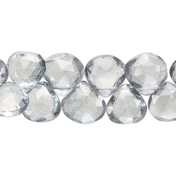 Bead, quartz crystal (coated), blue-grey, 9-12mm hand-cut top-drilled faceted puffed teardrop, B grade, Mohs hardness 7. Sold per 7-inch strand, approximately 40 beads. image number 0