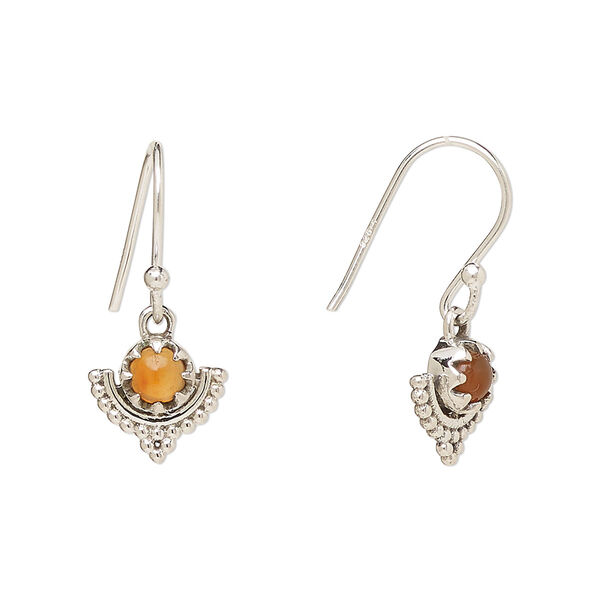 Ear wire, Create Compliments®, antiqued sterling silver and carnelian (dyed/heated), fishhook, 22m with 10mm single-sided beaded moon, 21 gauge. Sold per pair. image number 0
