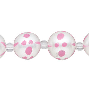 Bead, glass 1pkg8, opaque pink and white, 14mm hand-painted round.