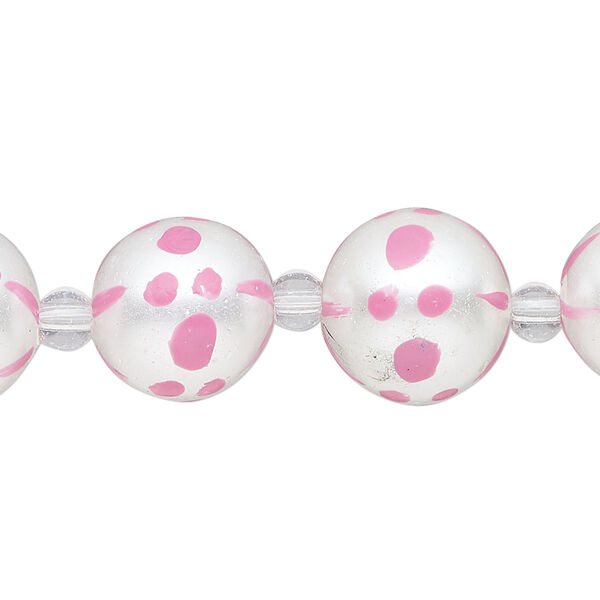Bead, glass 1pkg8, opaque pink and white, 14mm hand-painted round. image number 0