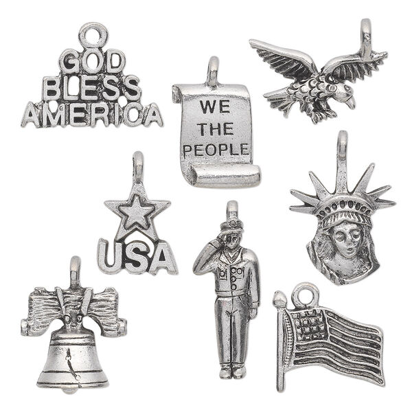 Charm set, antiqued pewter (tin-based alloy), 14.5x9mm-23.5x18.5mm patriotic theme. Sold per 8-piece set. image number 0