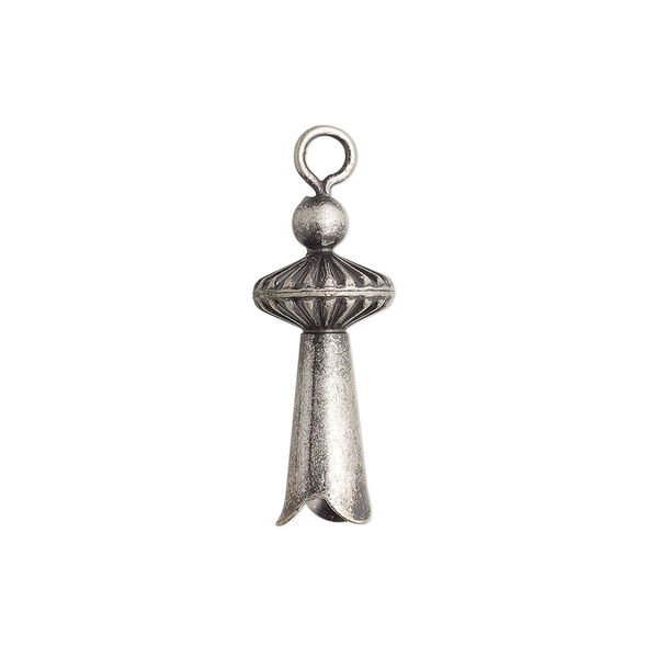 Charm, antique silver-plated brass and "pewter" (zinc-based alloy), 19x8mm 3D squash blossom. Sold per pkg of 10. image number 0