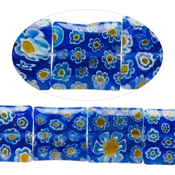 Bead, millefiori glass, translucent cobalt blue and multicolored, 14mm puffed square. Sold per 15-inch strand, approximately 25 beads. image number 0