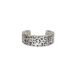 Ring, imitation rhodium-finished carbon steel, black, 6mm wide with vine design, adjustable. Sold per pkg of 4.