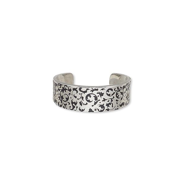 Ring, imitation rhodium-finished carbon steel, black, 6mm wide with vine design, adjustable. Sold per pkg of 4. image number 0