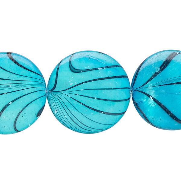 Mother-of-pearl shell 1pkg1, puffed flat round bead 15 inch light blue / black stripe19-20mm image number 0