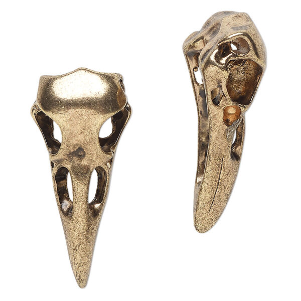 Focal, antique brass finish "pewter" (zinc-based alloy), 41x18mm 3D raven skull. Sold per pkg of 2. image number 0