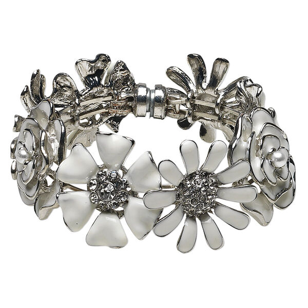 Bracelet, bangle, enamel / glass rhinestone / acrylic / silver-plated steel / pewter (tin-based alloy), white and clear, 31x31mm flower, 7-1/2 inches with magnetic clasp. Sold individually. image number 0