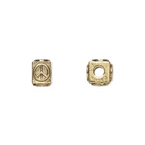 Bead, antique gold-plated pewter (tin-based alloy), 8x6mm rectangle with peace symbol. Sold per pkg of 4.