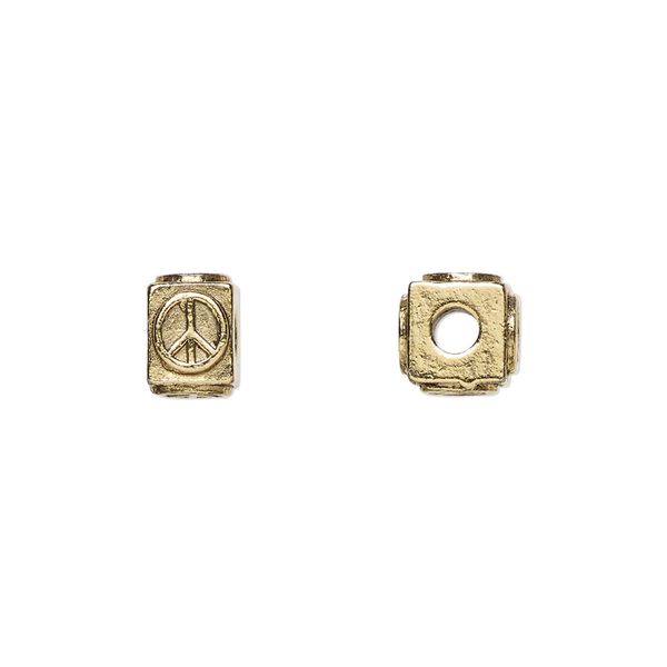 Bead, antique gold-plated pewter (tin-based alloy), 8x6mm rectangle with peace symbol. Sold per pkg of 4. image number 0
