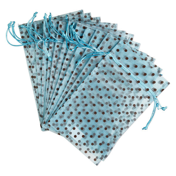 Pouch, flocked organza, robin's egg blue and brown, 10x6 inches with dots pattern and drawstring closure. Sold per pkg of 12. image number 0
