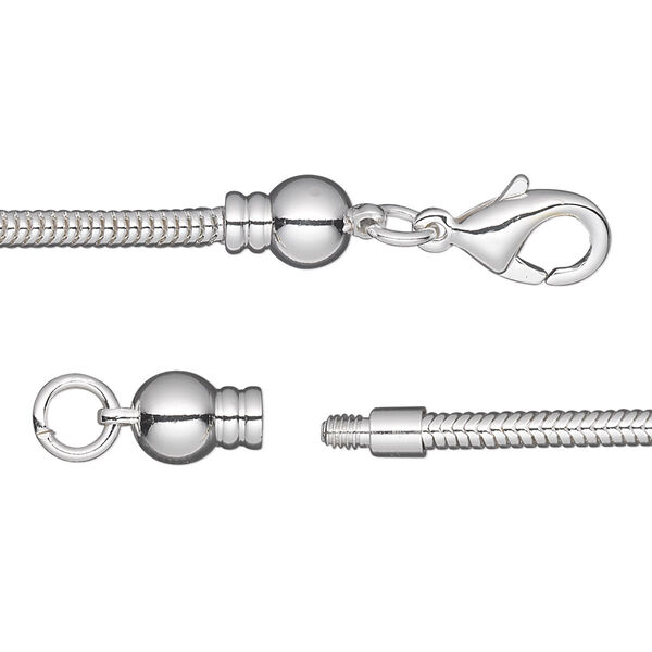 Dione® Easy-On Chain, silver-plated brass, 2.6mm snake, 18 inches with 3.3mm threaded ball end and lobster claw clasp. Sold individually. image number 0