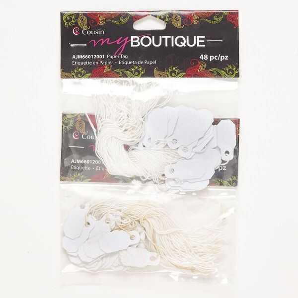 Tag, plastic and string, white, 22.5x11mm rectangle. Sold per pkg of 96. image number 0