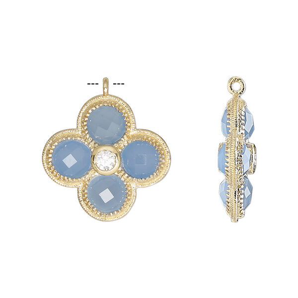 Drop, chalcedony (dyed) / cubic zirconia / gold-finished sterling silver, clear and blue, 19mm double-sided faceted flower. Sold individually. image number 0