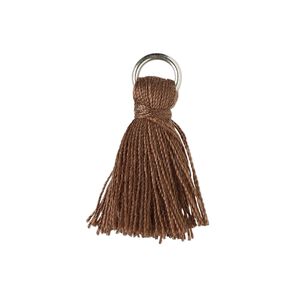Tassel, cotton and imitation rhodium-finished steel, dark brown, 20-24mm mini tassel with 6mm open jump ring. Sold per pkg of 6.