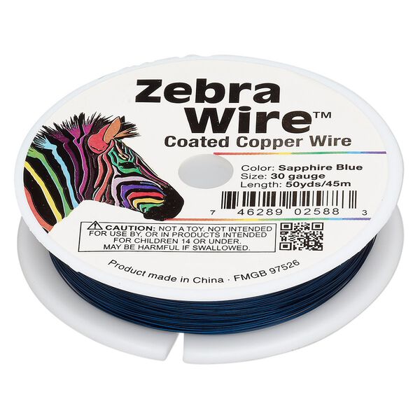 Wire, Zebra Wire™, color-coated copper, sapphire blue, round, 30 gauge. Sold per 50-yard spool. image number 0