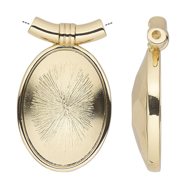 Pendant, Almost Instant Jewelry®, gold-plated "pewter" (zinc-based alloy), 39x24mm with 30x22mm oval setting. Sold individually. image number 0