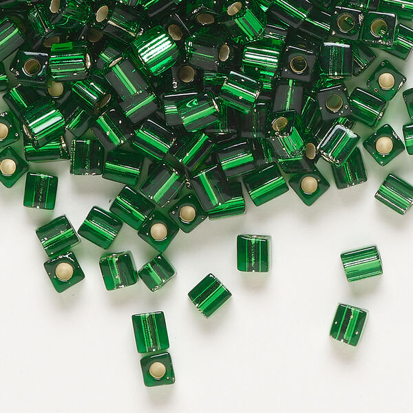 Seed bead, Miyuki 1pkg10g, glass, 3.5-3.7mm square, transparent silver-lined green (SB-16) image number 0