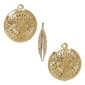 Drop, gold-finished stainless steel, 18mm double-sided domed round with textured cut-out dragonfly design. Sold per pkg of 6.