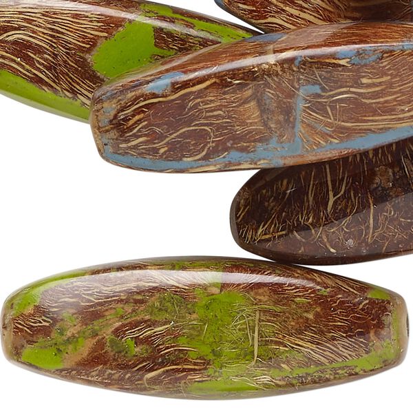 Bead mix, wood and acrylic (dyed/assembled), mixed colors, 45x15mm 4-sided oval. Sold per 2-ounce pkg, approximately 16 beads. image number 0
