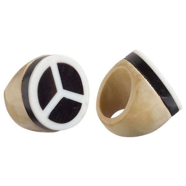 Ring, Everyday Jewelry, Taiwanese cheesewood, white and black, 17mm peace sign, size 6. Sold individually. image number 0