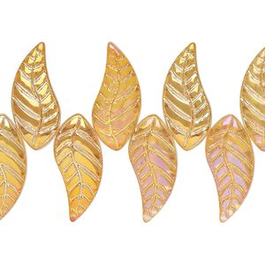 Bead, glass, translucent orange AB, 18x8mm top-drilled curved leaf. Sold per 8" strand.